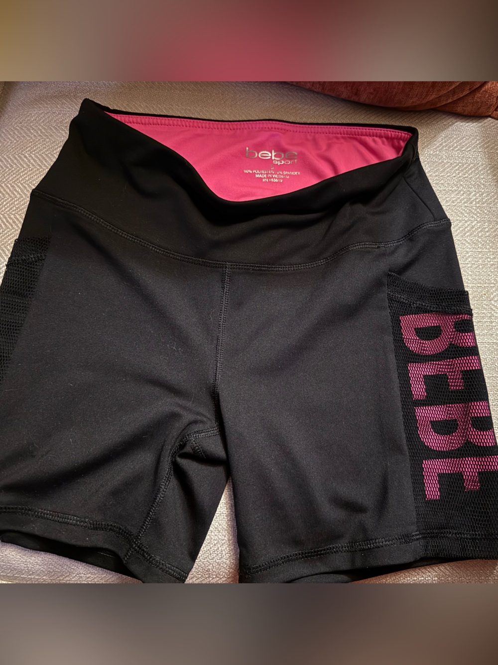 Bebe Sport Black and Pink Mesh-Accent Active Shorts